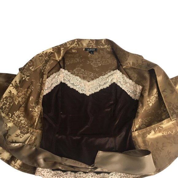 A. Byer Jacket Womens Medium Gold Brown Floral Jacquard Satin Tie Waist Blazer - Picture 4 of 16